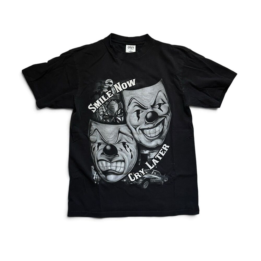 Vintage 90s Laugh Now Cry Later Clown Graphic T-Shirt L Black Streetwear Shaka